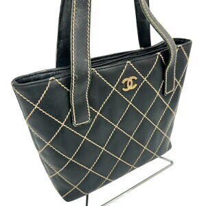 Chanel Bag Seal Handbag Leather Tote Wild Stitch Shoulder Black